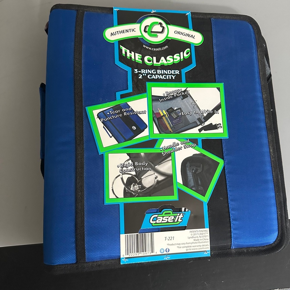 Case-it The Classic T-221 3-Ring Zipper Binder 2 Inch Blue Black School Office